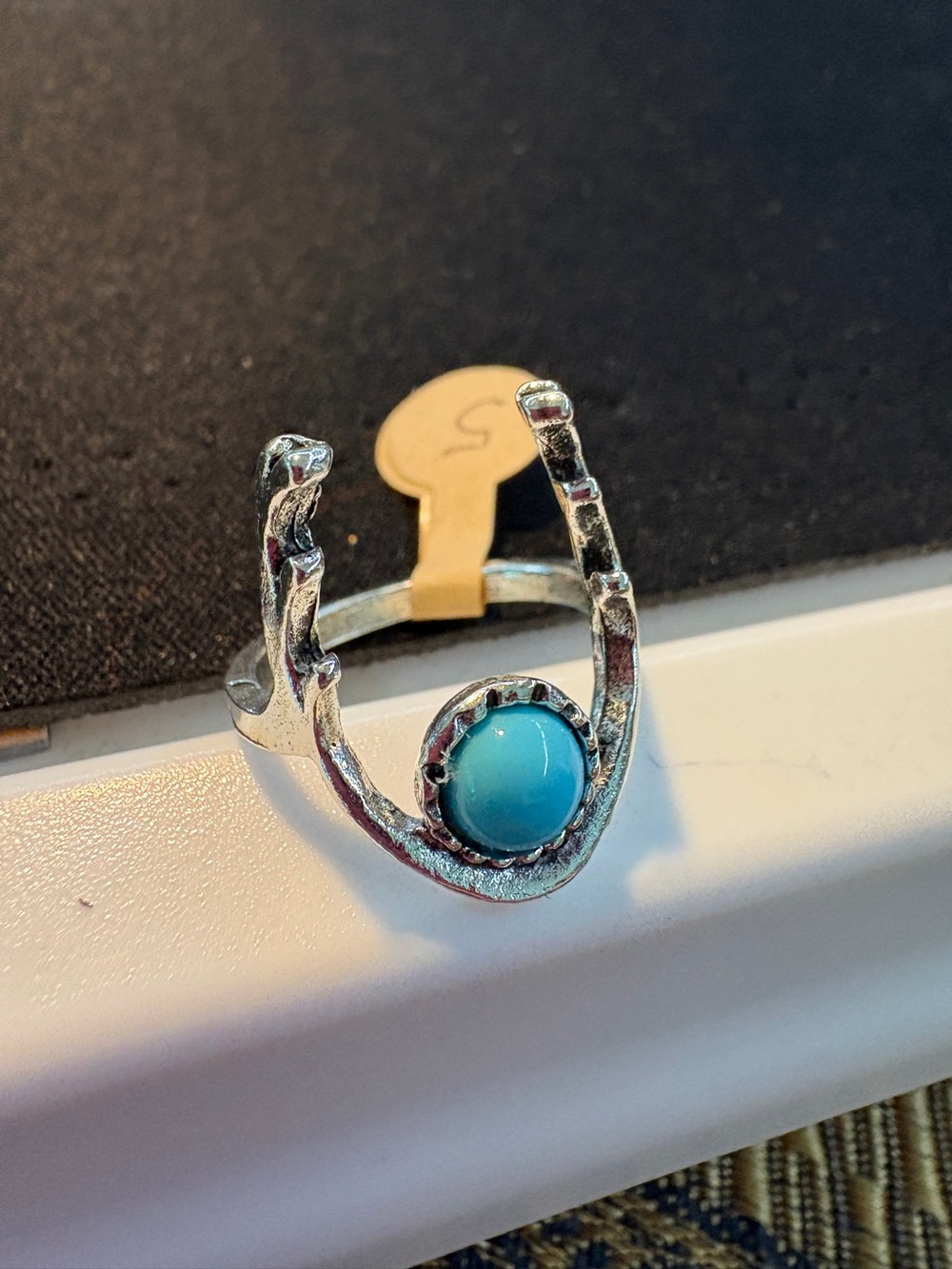 Silver Tone Turquoise Horseshoe Ring - Size 5